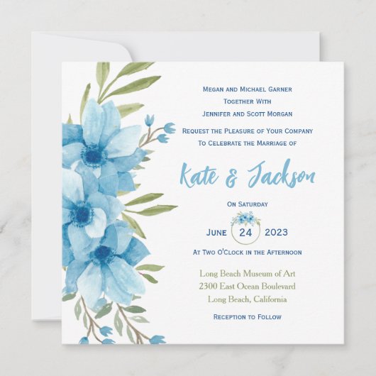ブルーウォーターカラーフローラスクエア招待状 招待状 (正面)