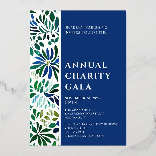 ブルーウォーターカラーフローラチャリティーイベントガラパーティー 箔招待状 (正面)