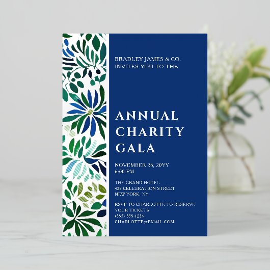 ブルーウォーターカラーフローラチャリティーイベントガラパーティー 箔招待状 (立ち正面)