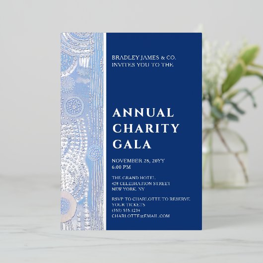 ブルーウォーターカラーフローラチャリティーイベントガラパーティー 箔招待状 (立ち正面)