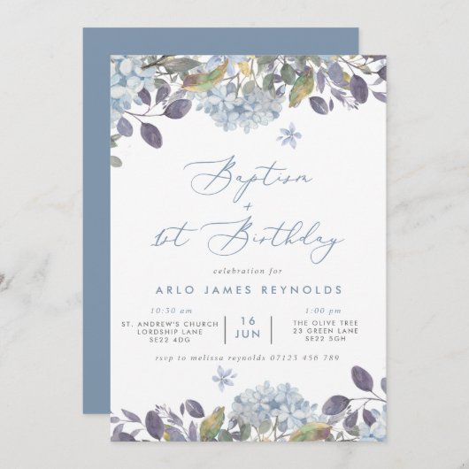 ブルーウォーターカラーフローラバプテスマ&誕生日 招待状 (正面/裏面)