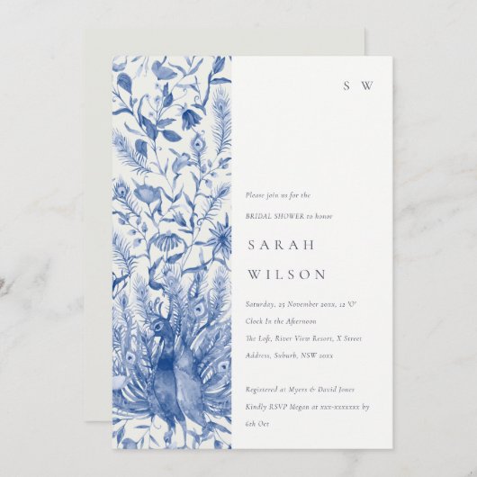 ブルーウォーターカラーフローラピーコックブライダルシャワー 招待状 (正面/裏面)