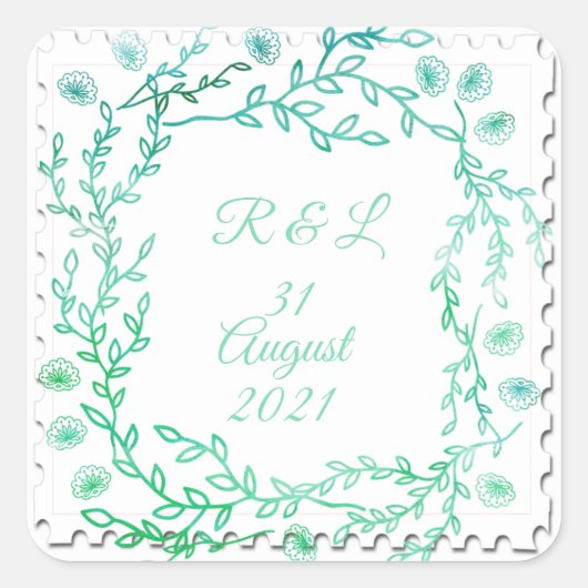 ブルーウォーターカラーフローラフレームステッカー スクエアシール (正面)