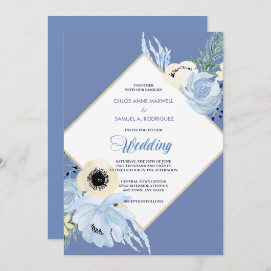 ブルーウォーターカラーフローラフレーム結婚式招待状 招待状 (正面/裏面)