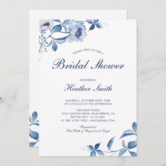 ブルーウォーターカラーフローラブライダルシャワー招待 招待状 (正面/裏面)