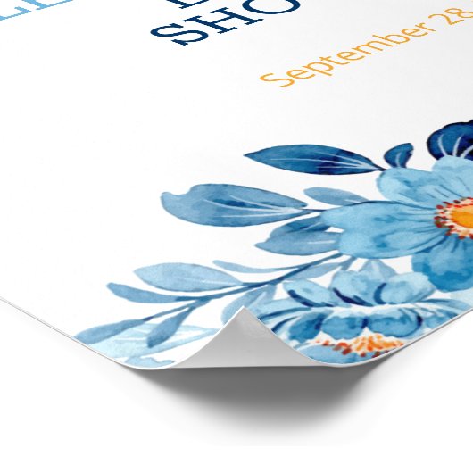 ブルーウォーターカラーフローラベビーシャワー歓迎サイン ポスター (角)