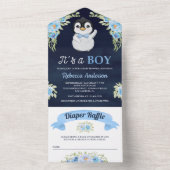 ブルーウォーターカラーフローラペンギン海軍ベビーシャワー オールインワン招待状 (内側)