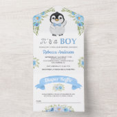 ブルーウォーターカラーフローラペンギン赤ちゃんシャワー オールインワン招待状 (内側)