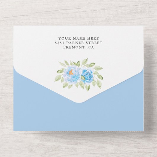 ブルーウォーターカラーフローラペンギン赤ちゃんシャワー オールインワン招待状 (裏面)