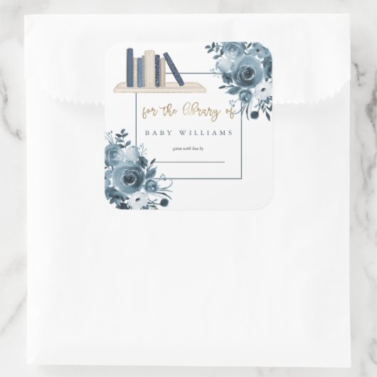 ブルーウォーターカラーフローラボーイベビーシャワー蔵書票 スクエアシール (バッグ)