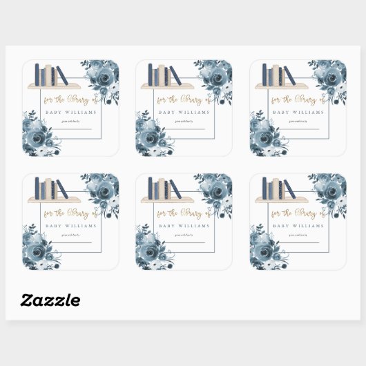 ブルーウォーターカラーフローラボーイベビーシャワー蔵書票 スクエアシール (シート)