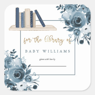 ブルーウォーターカラーフローラボーイベビーシャワー蔵書票 スクエアシール