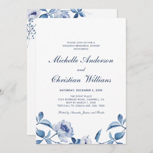 ブルーウォーターカラーフローラリハーサルディナー招待状 招待状 (正面/裏面)