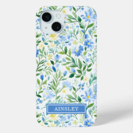 ブルーウォーターカラーフローラルモノグラム iPhone 15 MINIケース