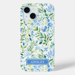 ブルーウォーターカラーフローラルモノグラム iPhone 15ケース