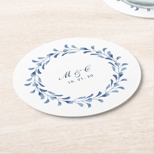 ブルーウォーターカラーフローラ名前をカスタムするコースター ラウンドペーパーコースター (アングル)