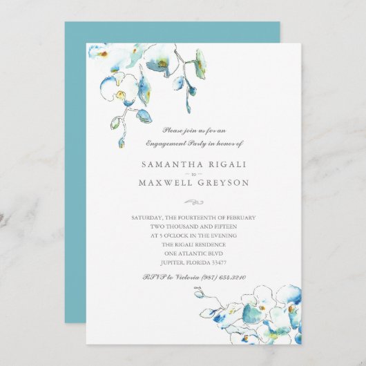 ブルーウォーターカラーフローラ婚約パーティ招待状 招待状 (正面/裏面)