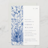 ブルーウォーターカラーフローラ孔雀カップルのシャワー 招待状 (正面/裏面)