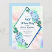 ブルーウォーターカラーフローラ幾何学模様90誕生日 招待状 (正面/裏面)