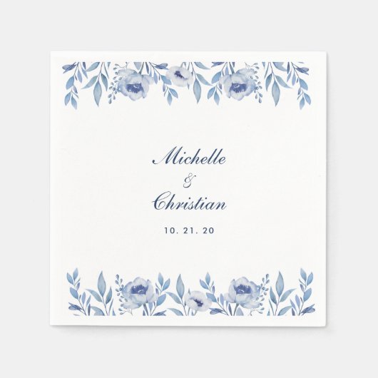 ブルーウォーターカラーフローラ結婚ズナプキン スタンダードカクテルナプキン (正面)