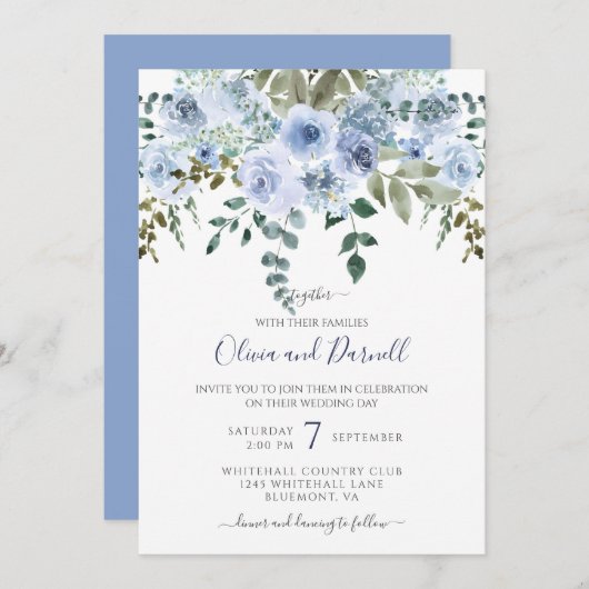 ブルーウォーターカラーフローラ結婚ブーケI Ltブルー 招待状 (正面/裏面)