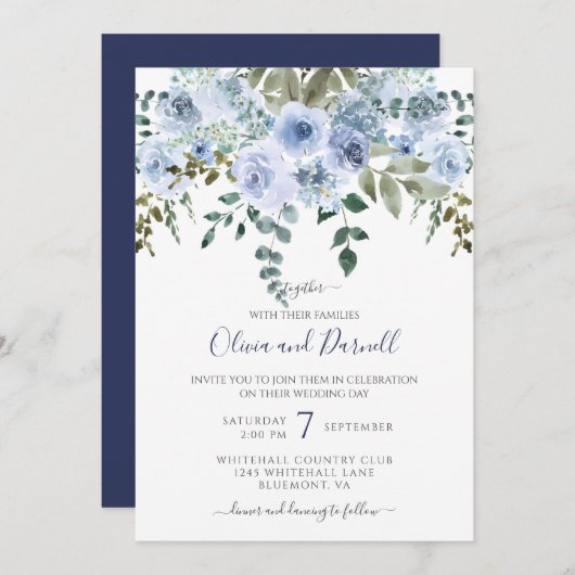 ブルーウォーターカラーフローラ結婚ブーケI Ltブルー 招待状 (正面/裏面)