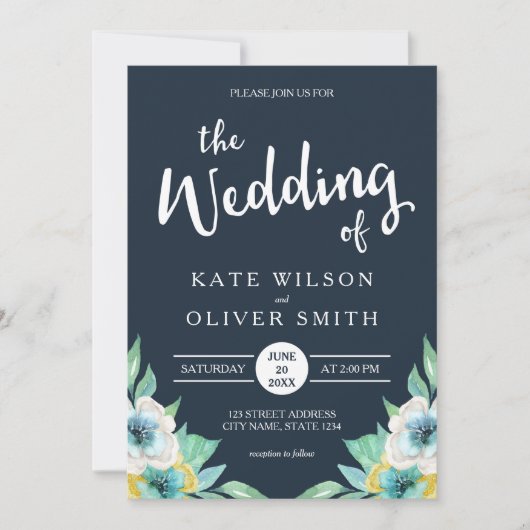 ブルーウォーターカラーフローラ結婚式招待状 招待状 (正面)
