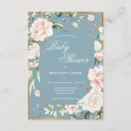 ブルーウォーターカラーフローラ金ゴールドフレームベビーシャワー 招待状 (正面)