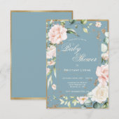 ブルーウォーターカラーフローラ金ゴールドフレームベビーシャワー 招待状 (正面/裏面)