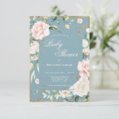 ブルーウォーターカラーフローラ金ゴールドフレームベビーシャワー 招待状 (スタンド正面)