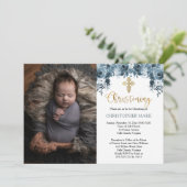 ブルーウォーターカラーフローラ金ゴールドボーイフォト《キリスト教》洗礼式や命名式 招待状 (スタンド正面)