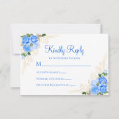 ブルーウォーターカラーフローラ金ゴールド結婚式RSVPカード 出欠カード (正面)