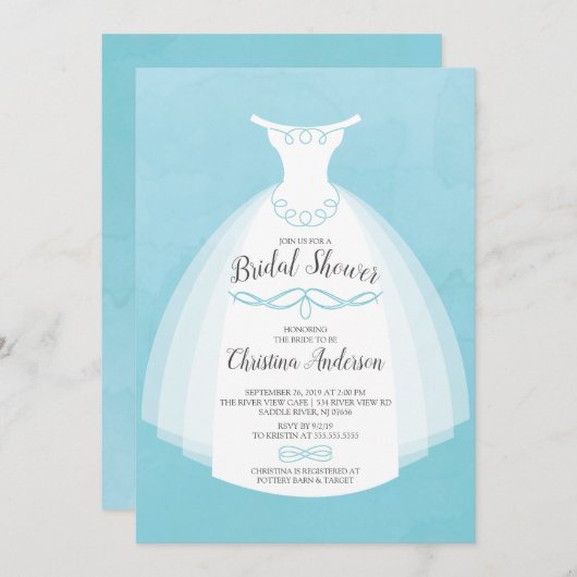 ブルーウォーターカラーブライドガウンブライダルシャワー 招待状 (正面/裏面)