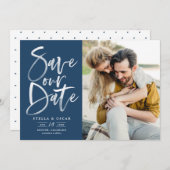 ブルーウォーターカラーブラシ書道写真 セーブザデート (正面/裏面)