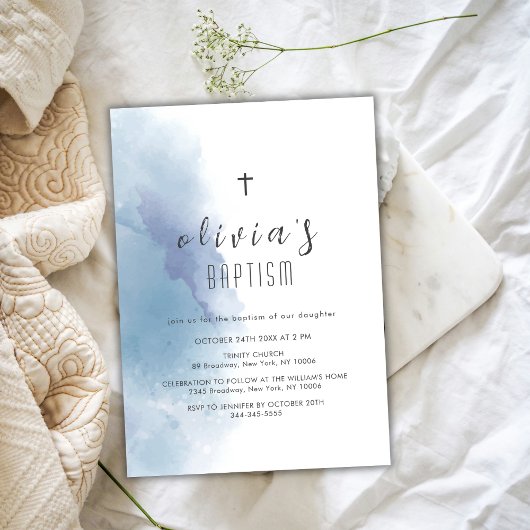 ブルーウォーターカラーブラッククロス《キリスト教》洗礼式や命名式バプテスマ 招待状