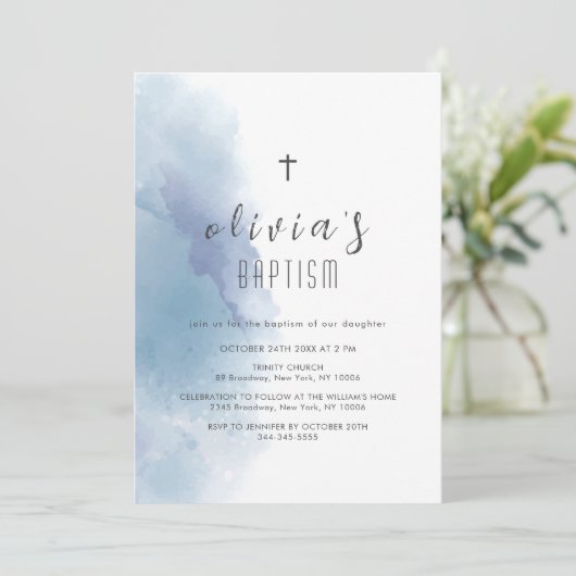 ブルーウォーターカラーブラッククロス《キリスト教》洗礼式や命名式バプテスマ 招待状 (スタンド正面)