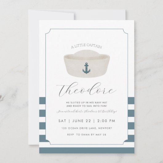 ブルーウォーターカラーブルーマリンハットファースト誕生日 招待状 (正面)