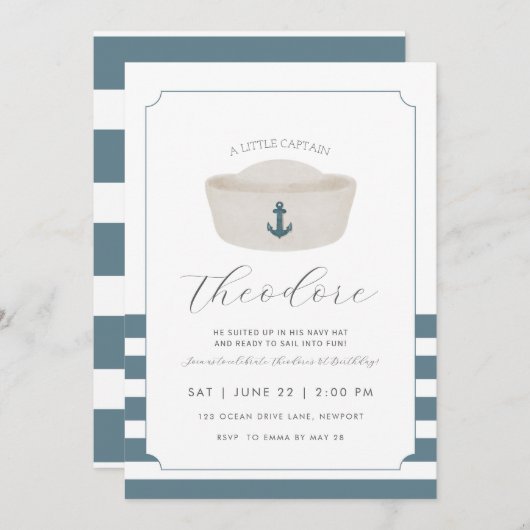 ブルーウォーターカラーブルーマリンハットファースト誕生日 招待状 (正面/裏面)