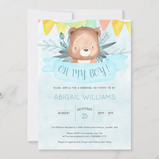 ブルーウォーターカラーベアーボーイベビーシャワー 招待状 (正面)
