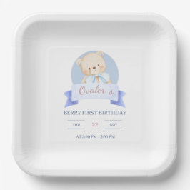 ブルーウォーターカラーベア1歳の誕生日パーティー ペーパープレート