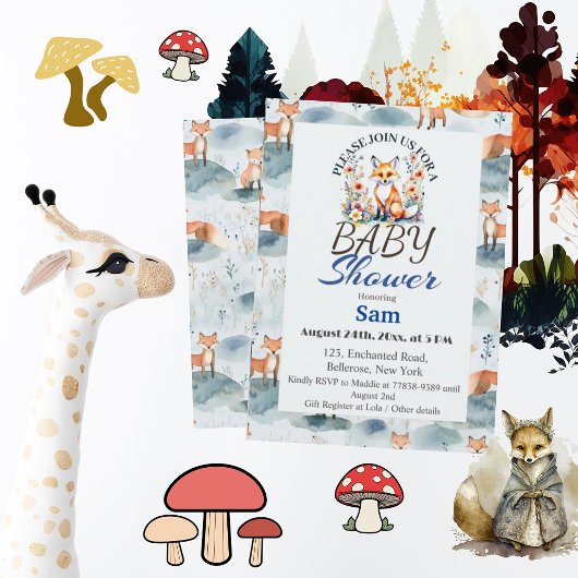 ブルーウォーターカラーベビーキツネベビーシャワー 招待状