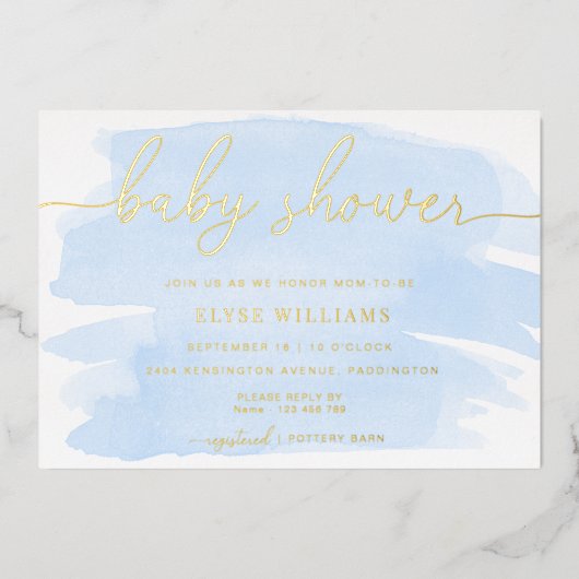 ブルーウォーターカラーベビーシャワーフォイル招待状 箔招待状 (正面)