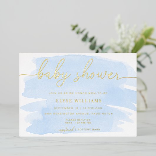 ブルーウォーターカラーベビーシャワーフォイル招待状 箔招待状 (立ち正面)