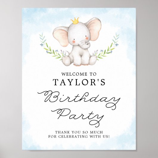 ブルーウォーターカラーベビーゾウ誕生日歓迎 ポスター (正面)