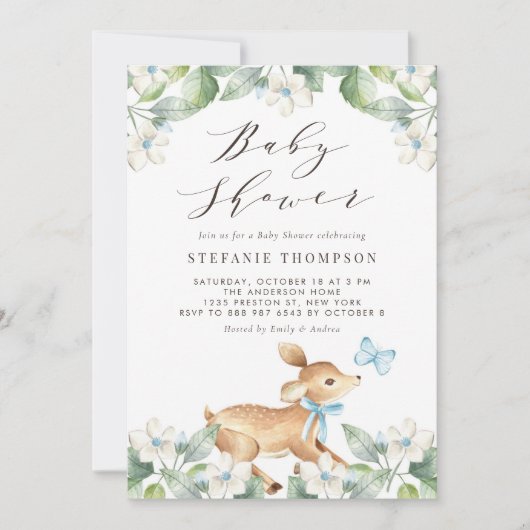 ブルーウォーターカラーベビーディアウッドランドベビーシャワー 招待状 (正面)