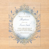 ブルーウォーターカラーベージュフレームバプテスマ男の赤ちゃん アクリル招待状 (正面)