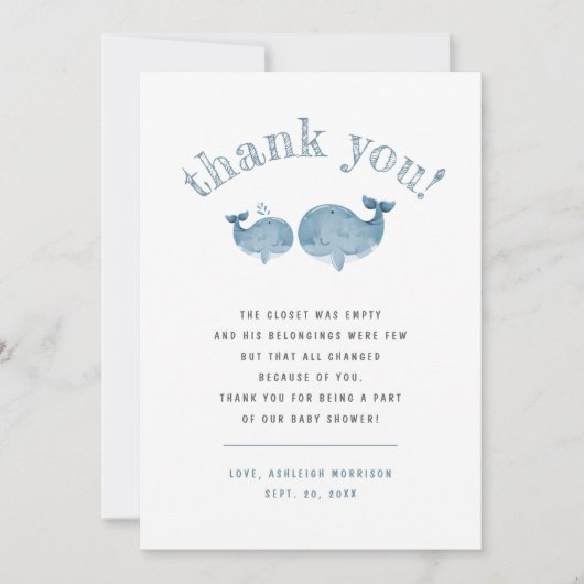ブルーウォーターカラーホエールボーイ赤ちゃんシャワーありがとう サンキューカード (正面)