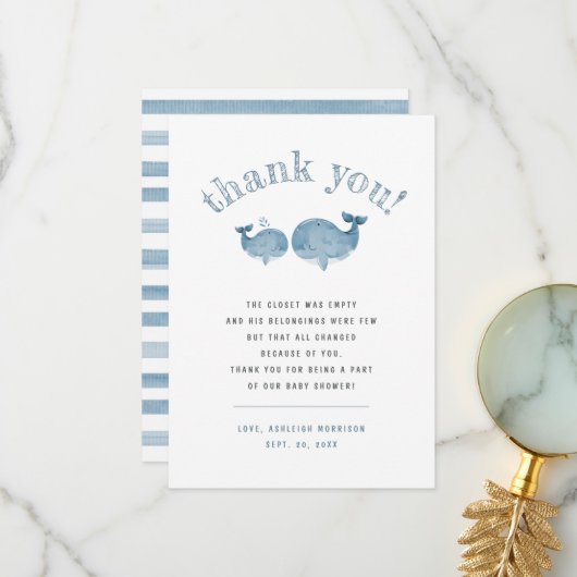 ブルーウォーターカラーホエールボーイ赤ちゃんシャワーありがとう サンキューカード (正面/裏面インサイチュ)