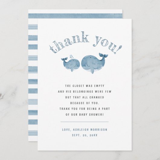 ブルーウォーターカラーホエールボーイ赤ちゃんシャワーありがとう サンキューカード (正面/裏面)