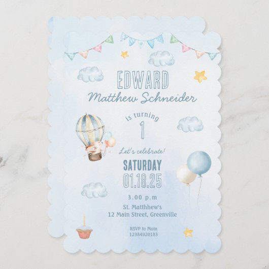 ブルーウォーターカラーホットエアバルーンバニー誕生日 招待状 (正面/裏面)
